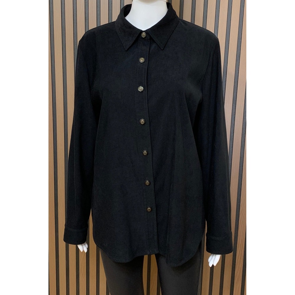 Talbots Women's Stretch Faux Suede Button Down Shirt Black Long Sleeve Size M
